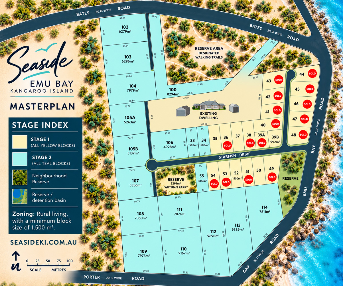 Seaside Emu Bay masterplan showing the residential lots